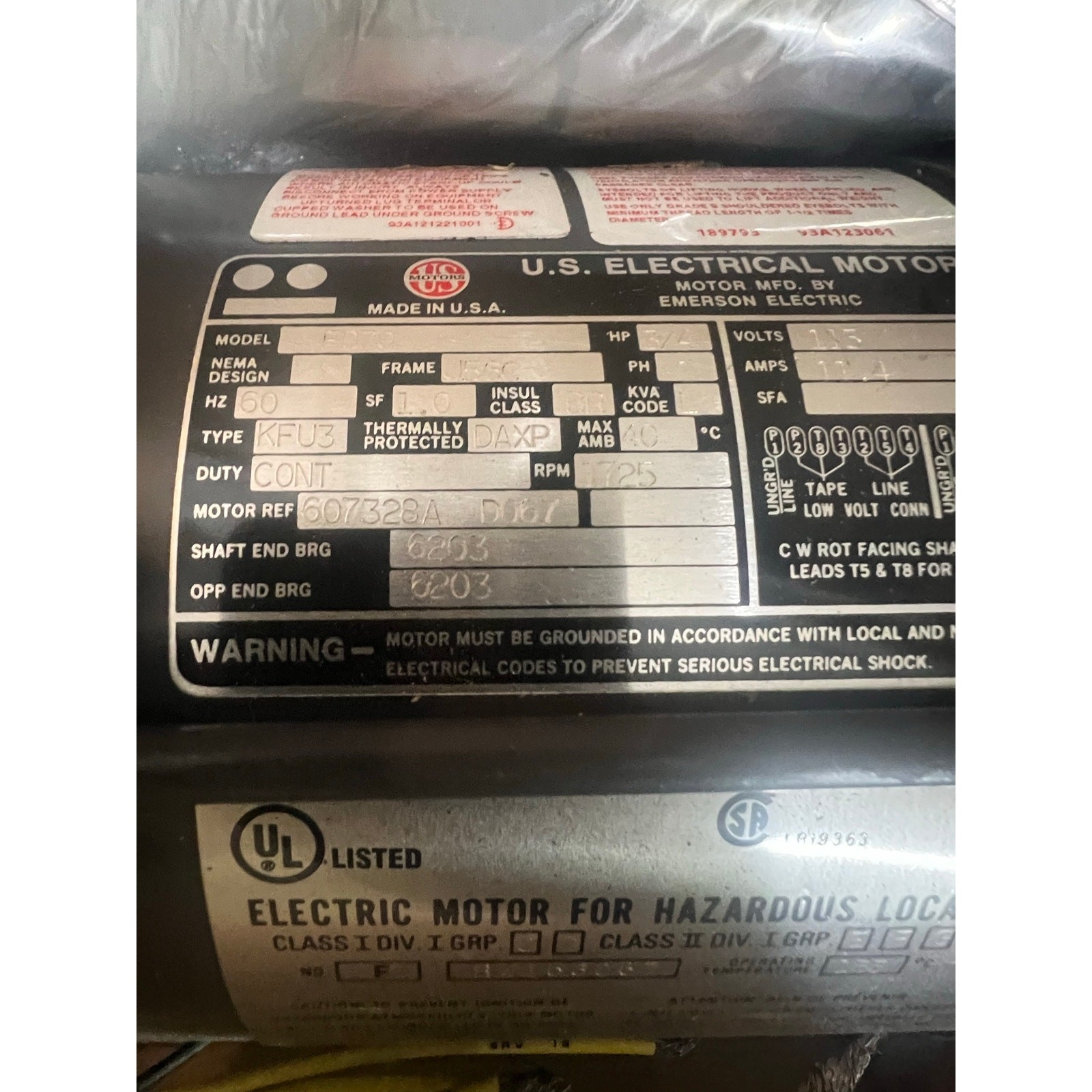 US Electrical Motors FQ70 3/4 HP Hazardous Location Motor J56C 1725 RPM 115V