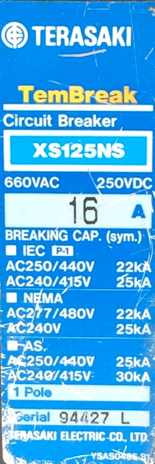 Terasaki Tembreak XS125NS MCCB 16A FC 1P 660VAC 250VDC