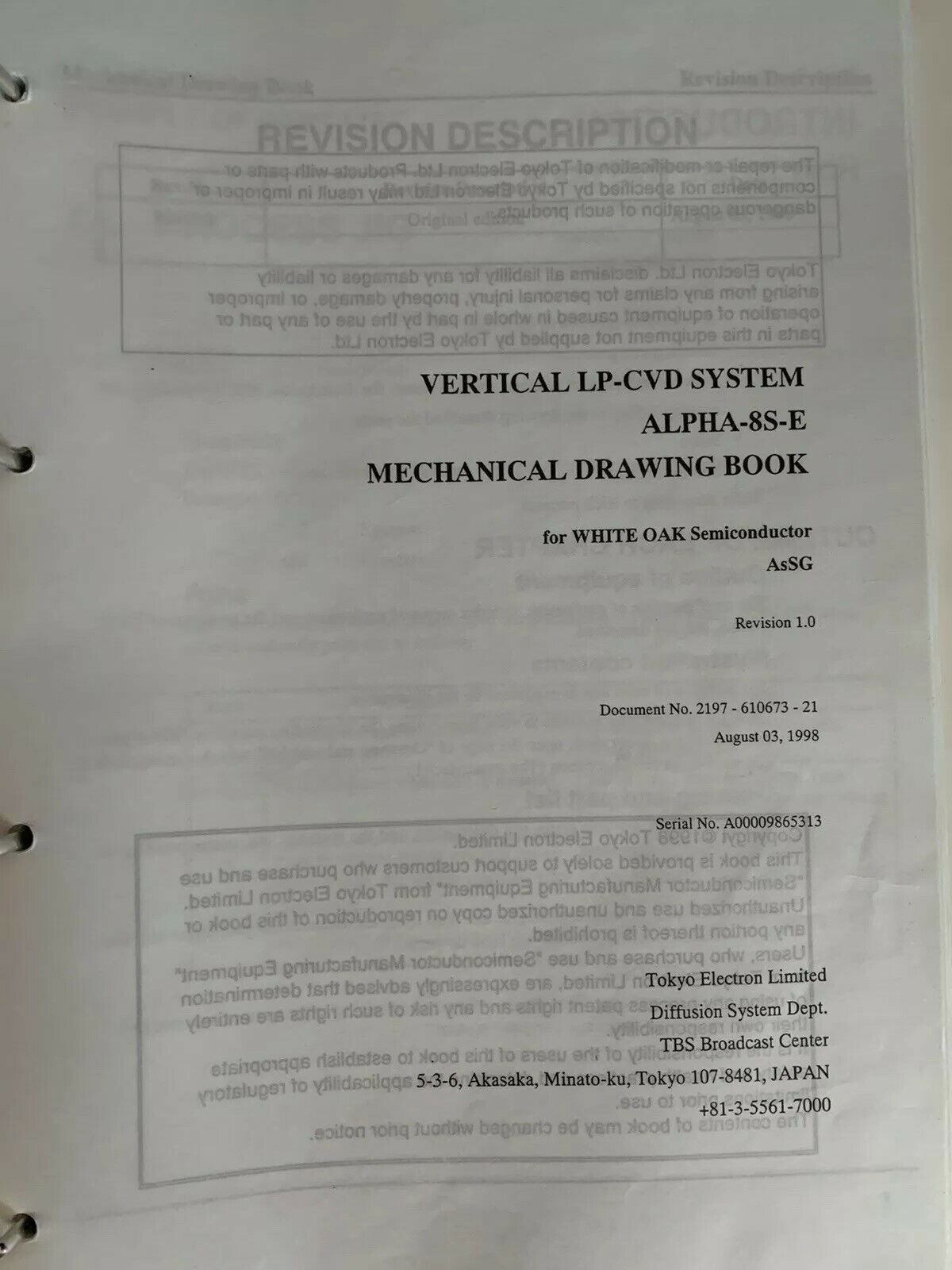 Tokyo Electron ALPHA-8S-E Vertical LP-CVD AsSG Mechanical Drawing Book