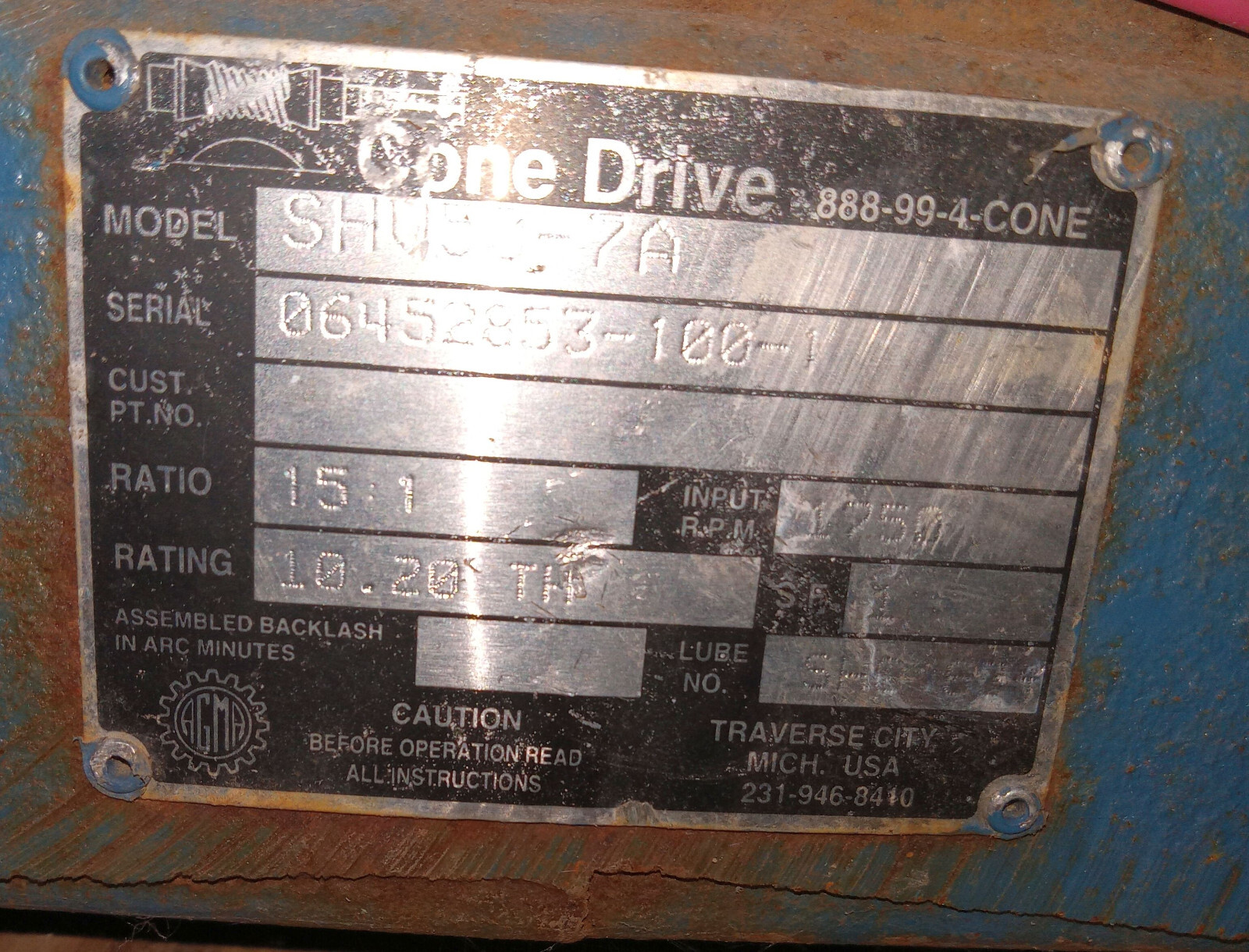1 USED CONE DRIVE SHV53-7A 15:1 1750RPM SPEED REDUCER ***MAKE OFFER***