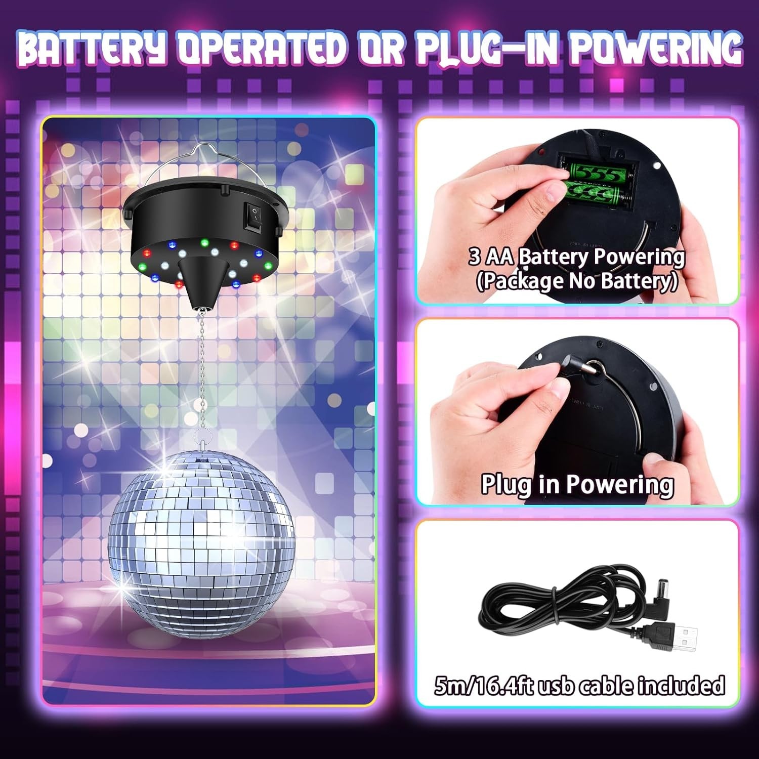 10 RPM Disco Ball with Motor and Mirror Ball Plug/Battery Powered Disco Bal