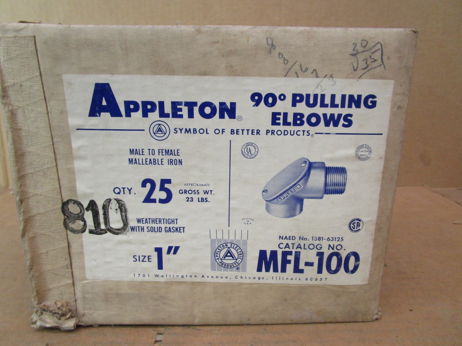 New Box of 25 Pieces Appleton 90 Degree Pulling Elbows MFL-100 1″ 51521LR