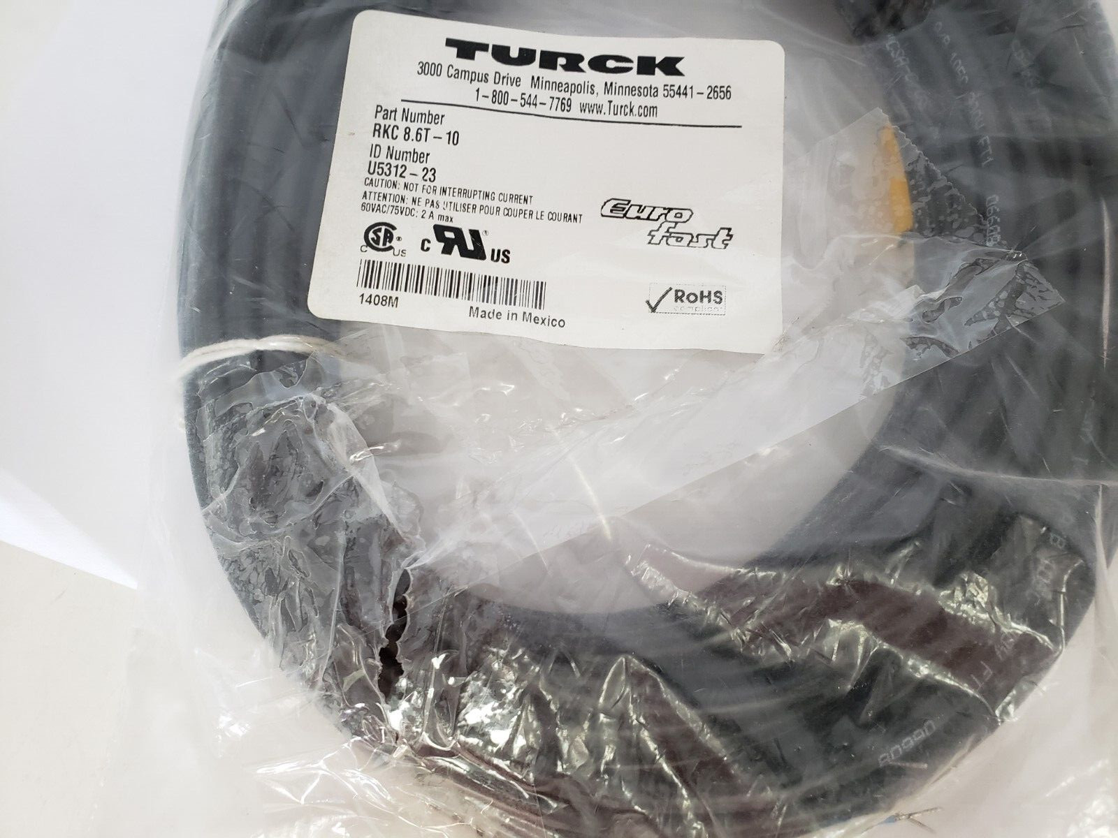 TURCK RKC 8.6T-10 CORDSET SINGLE ENDED FEMALE M12 EUROFAST (U5312-23) NIB