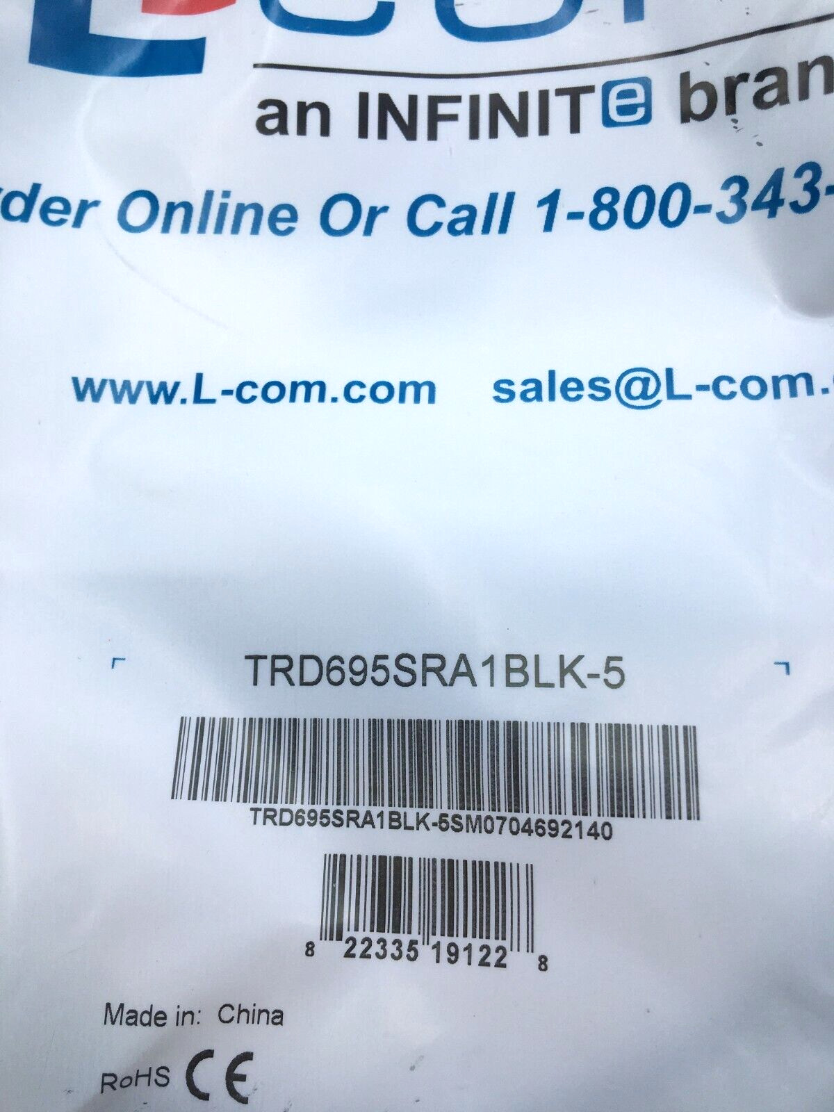 L-Com Lot of 3 Modular Plug to Plug R Angle RJ45 Ethernet 5′ TRD695SRA1BLK-5 NIP