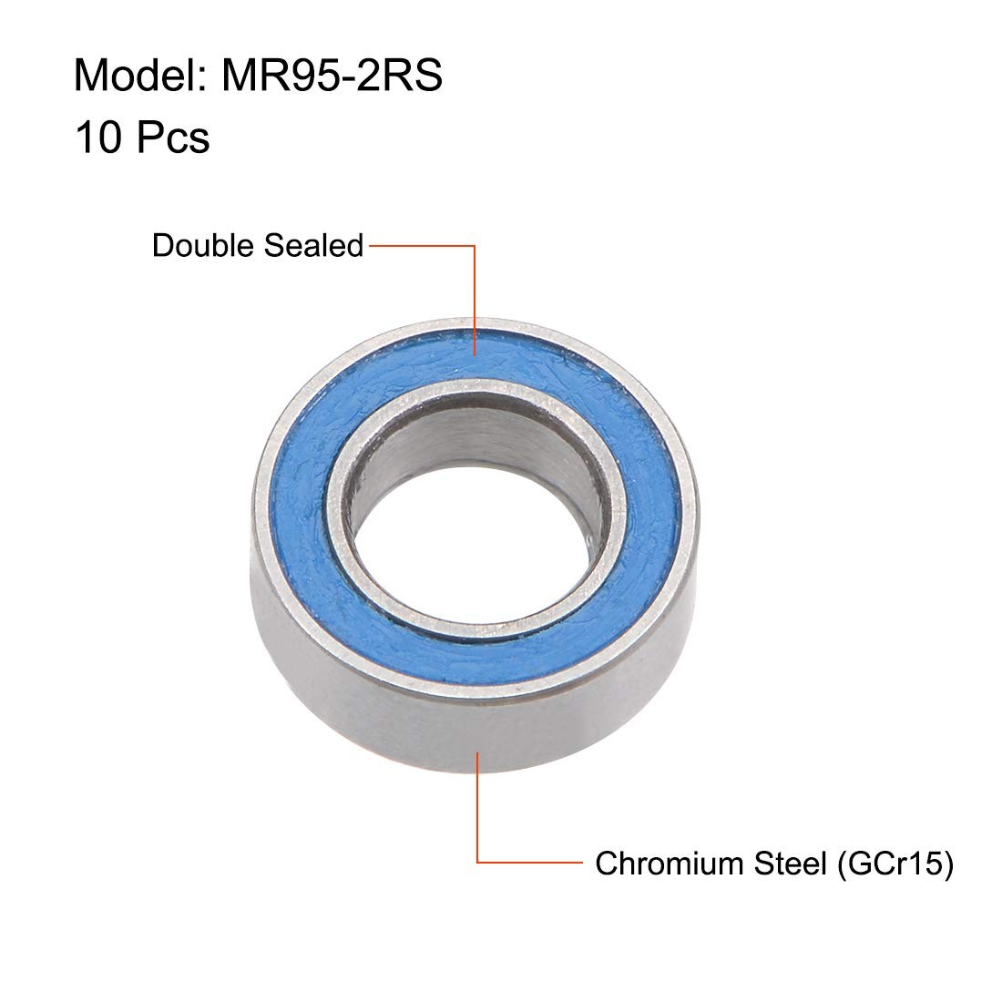 MR95 2RS Deep Groove Ball Bearings 5x9x3mm Steel Sealed Bearings Pack of 10