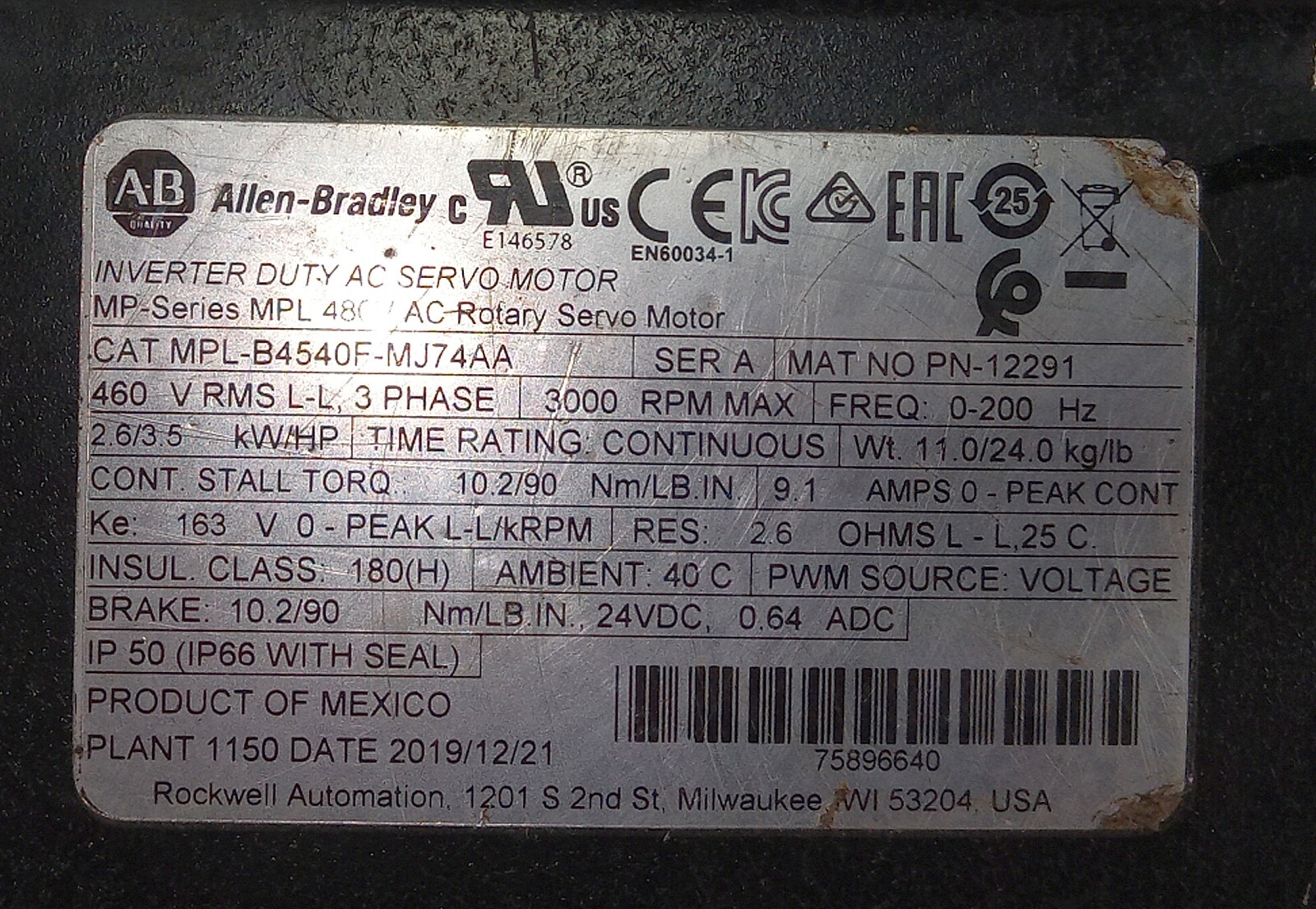 1 USED ALLEN BRADLEY MPL-B4540F-MJ74AA INVERTER DUTY AC SERVO MOTOR *MAKE OFFER*