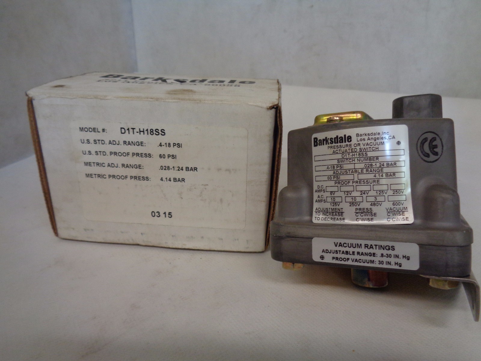 NEW BARKSDALE D1T-H188SS ADJUSTABLE PRESSURE CONTROL SWITCH