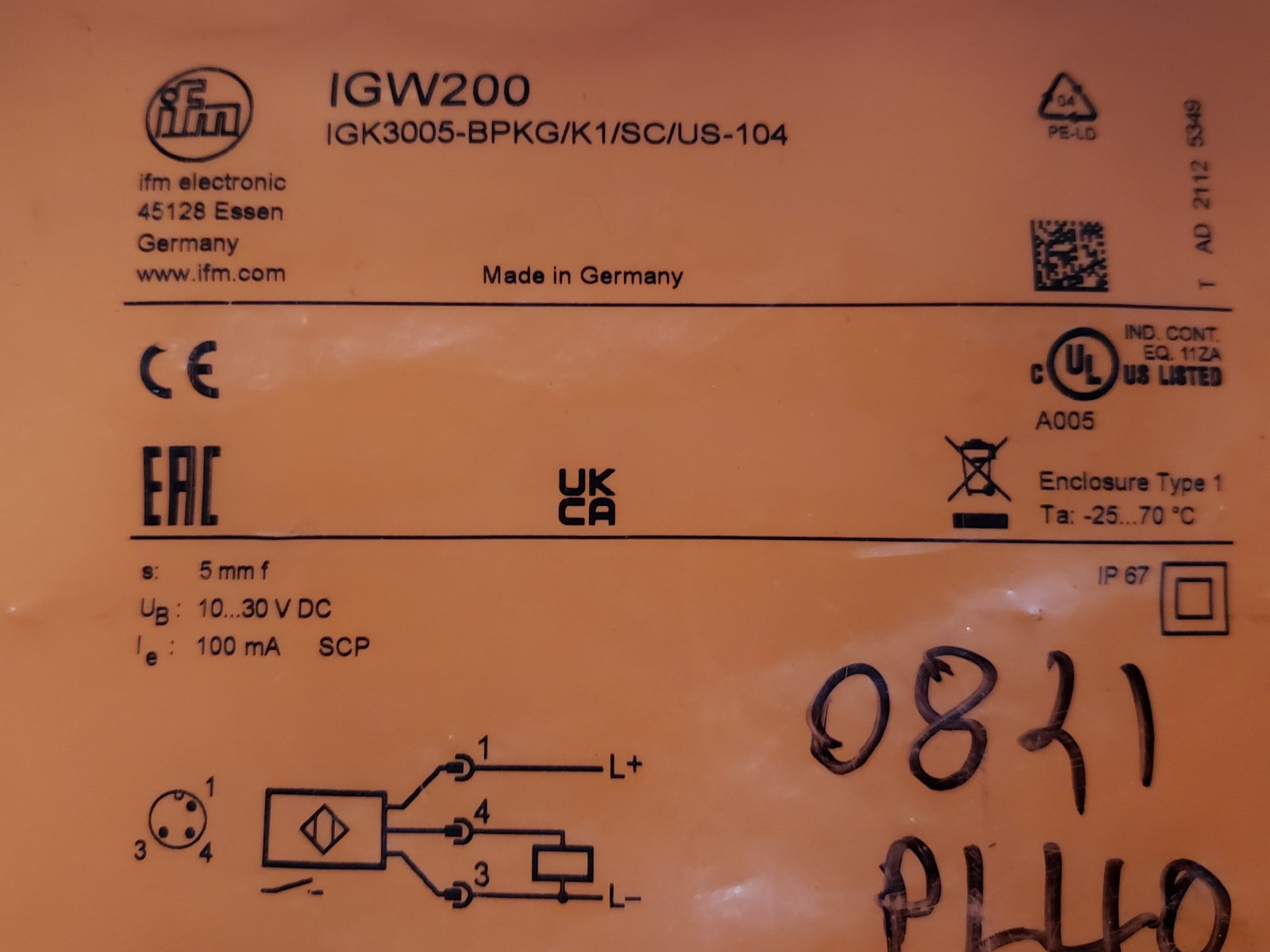 IFM ELECTRONIC IGK3005-BPKG/K1/SC/US-104 INDUCTIVE SENSOR (IGW200) NIB