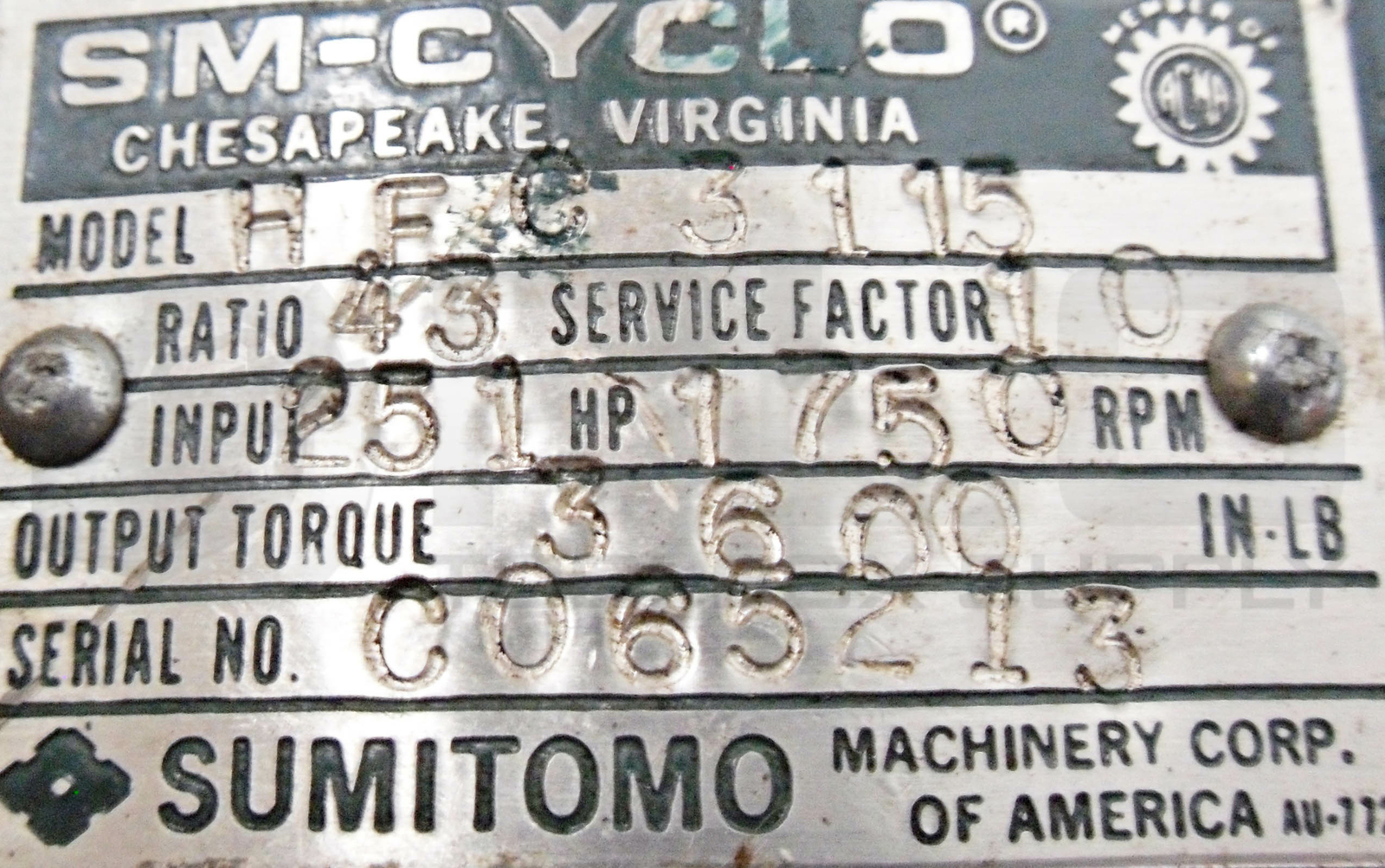 SUMITOMO SM-CYCLO HFC3115 SPEED REDUCER 251 HP 1750 RPM