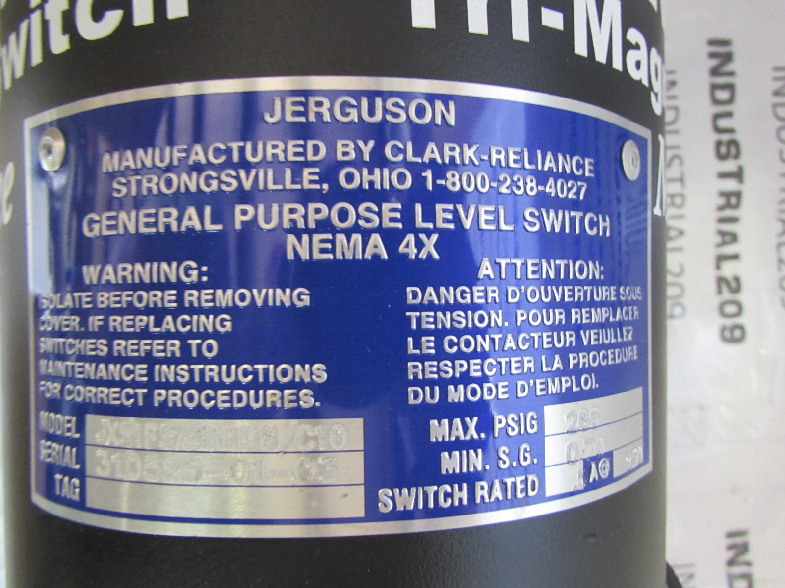 JERGUSON TRI MAGNET LEVEL SWITCH MERCURY FREE JXS1FSA4N1D8/C10
