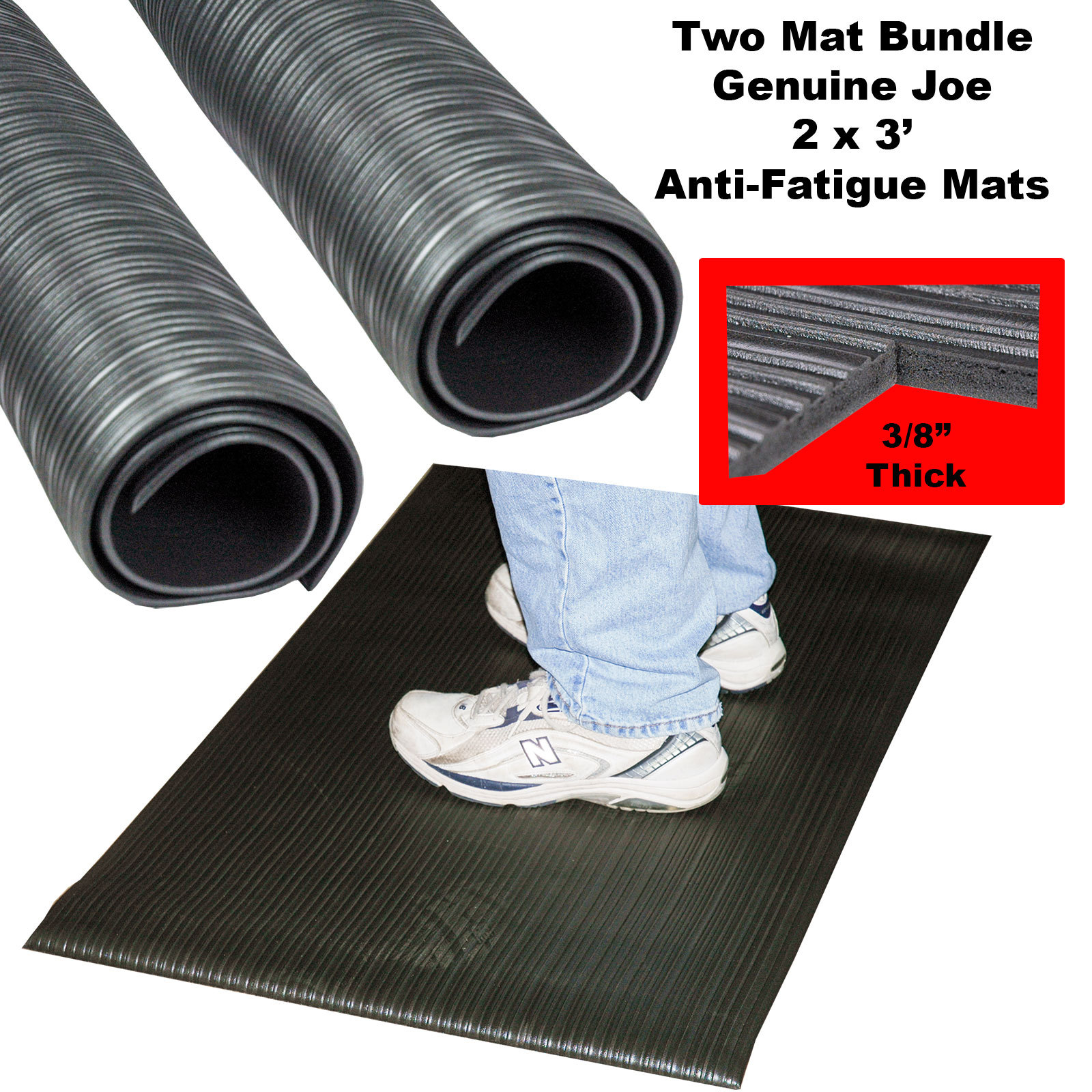 2 Mat Bundle, Genuine Joe Anti-Fatigue Mat, 2 x 3′, Beveled Edge, Charcoal