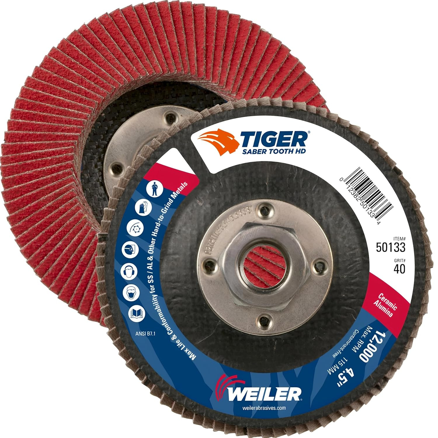 Weiler 50133 Saber Tooth 4-1/2″ 40 Grit Ceramic Flap Disc, 5/8-11 Arbor