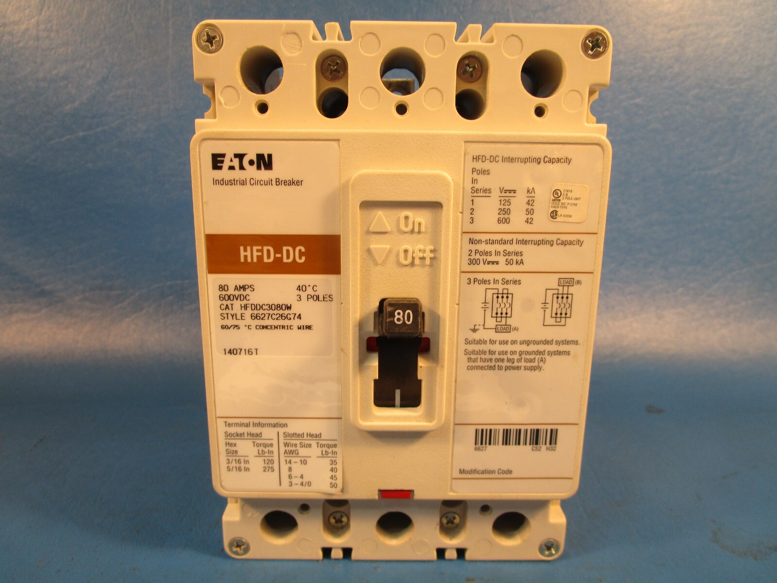 Eaton HFDDC3080W, Molded Case Circuit Breaker, F-frame, HFD, Three-pole, 80A, 60