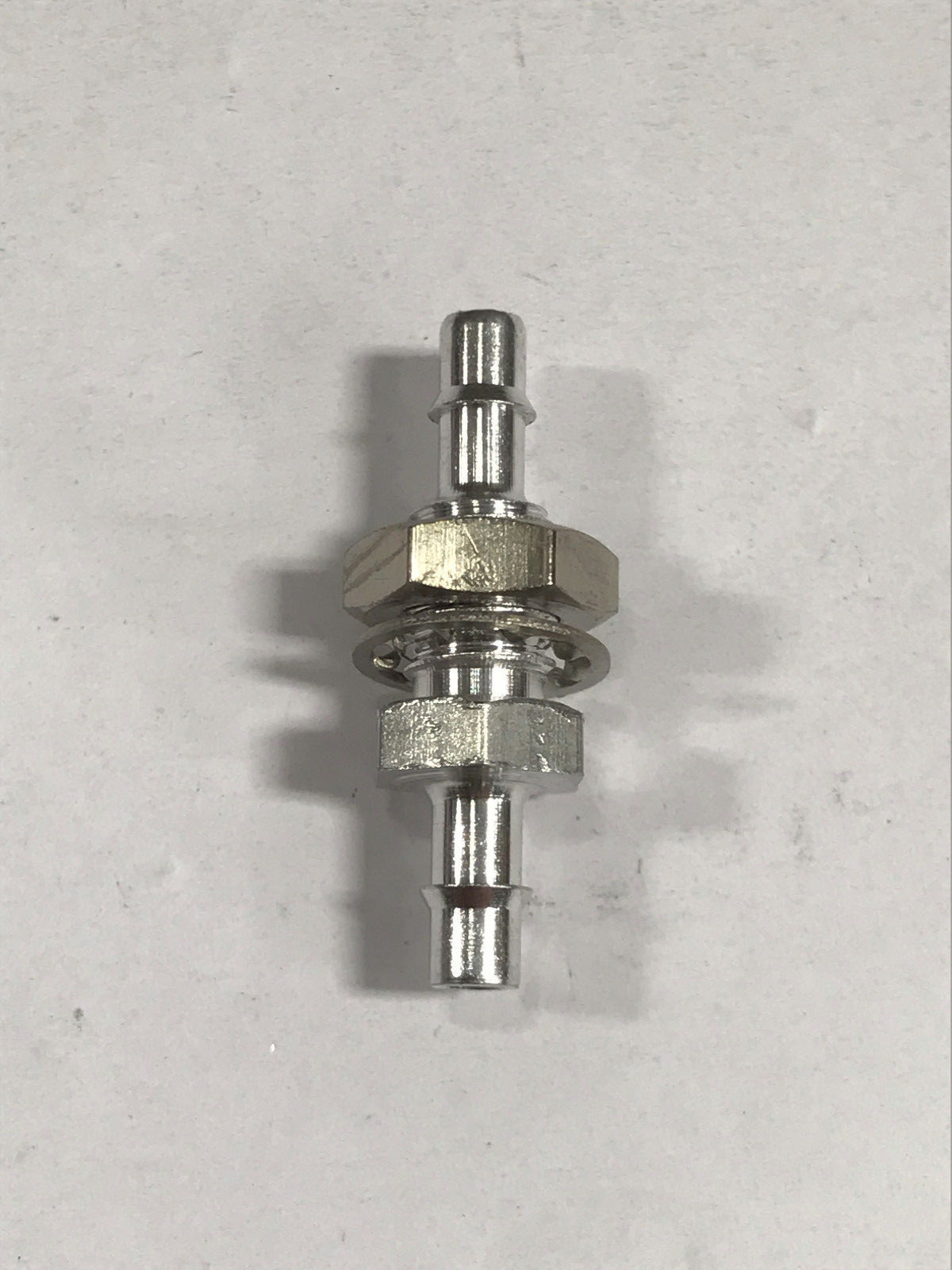 Aluminum bulkhead fitting, 1/4-28 UNF thread to 1/8 ID tubing barbs