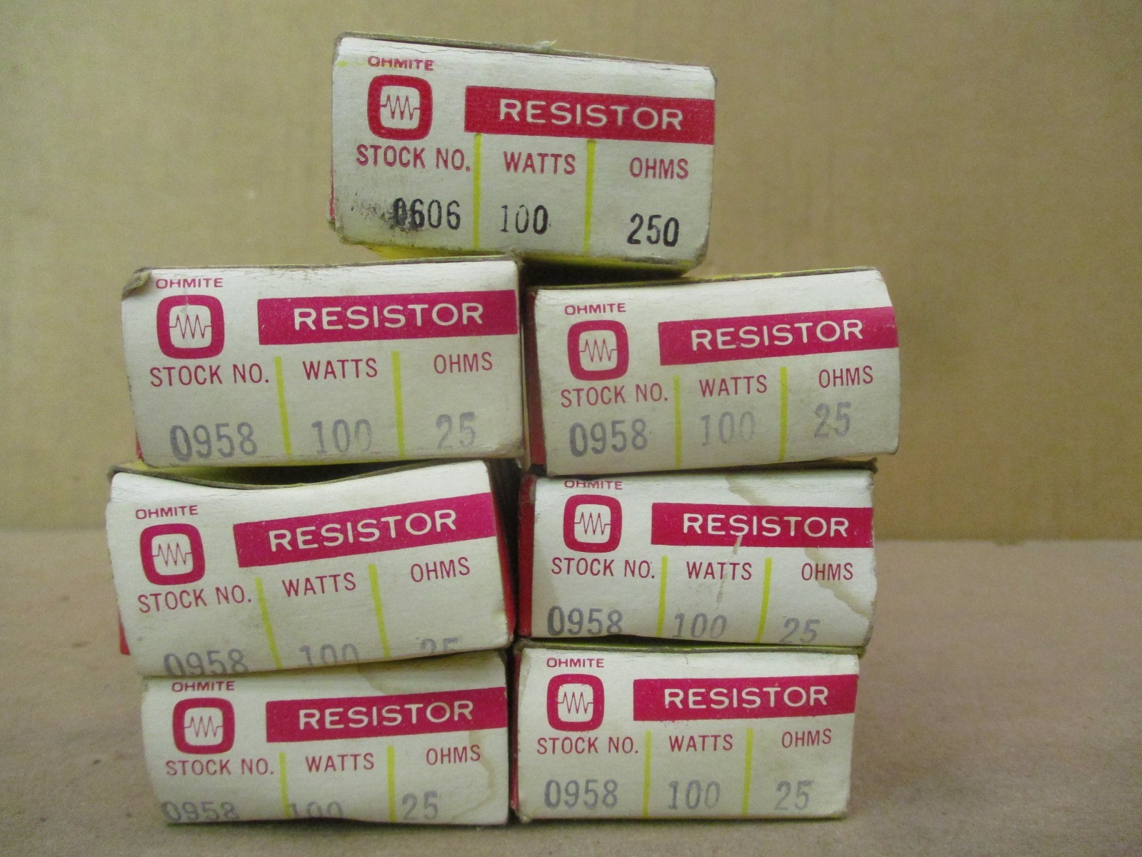 New Open Box of 7 Pcs Ohmite Resistors 0958 100W 25Ohm 0606 100W 250Ohm 52737PRX