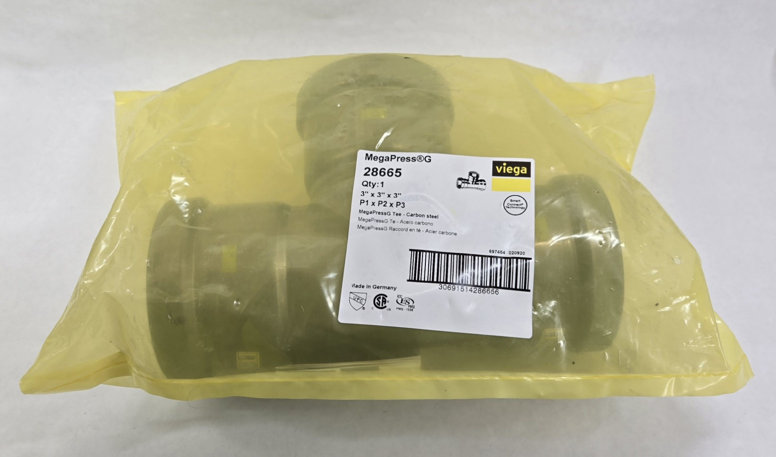Viega 28665 MegaPressG Tee 3 x 3 x 3 200 PSI Zinc/Nickel Coated Carbon Steel