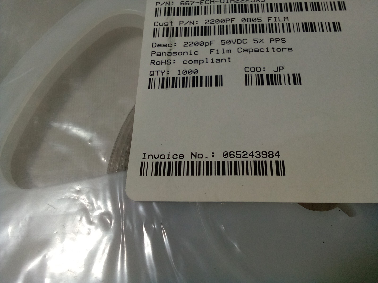 Mouser Electronics Panasonic Film Capacitors, 1000Qty, 667-ECH-U1H222JX5