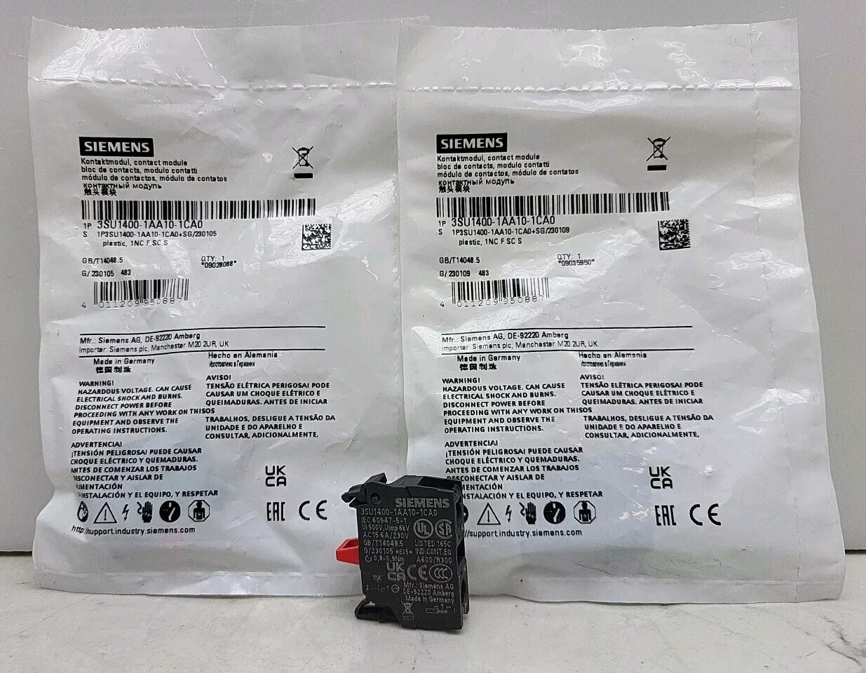 2 Pk Siemens 3SU1400-1AA10-1CA0 Contact Block SPST-NC Screw Terminal Front Mount