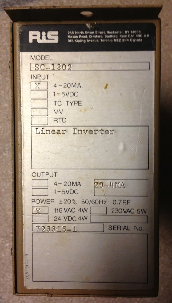 RIS POWER SUPPLY MODEL: SC-1302 INPUT 10-50 MA OUTPUT 4-20 MA 115 VAC #1548A8