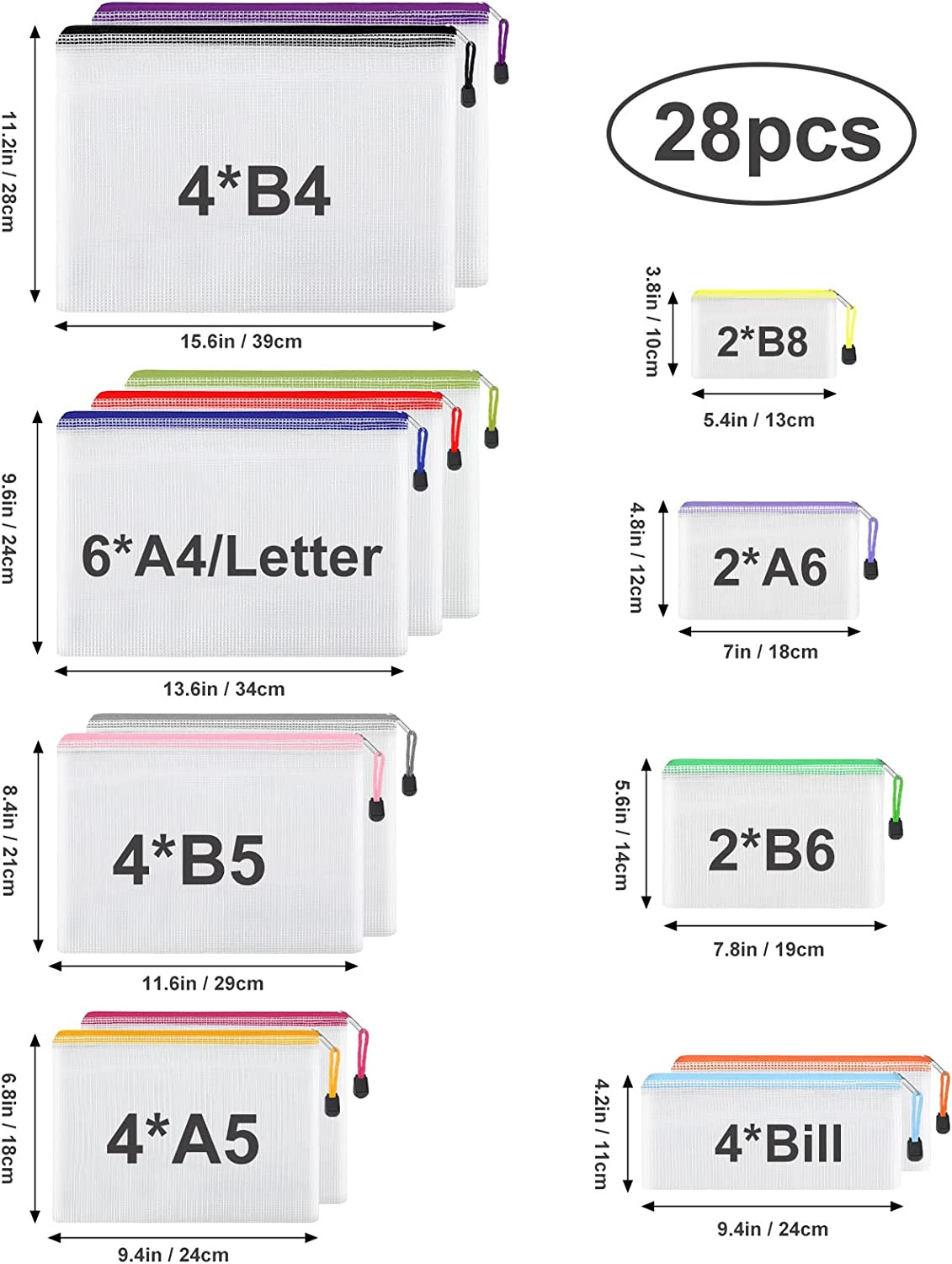 28Pcs Mesh Zipper Pouch Bags 8 Sizes Waterproof Zipper Bags, 14 Colors