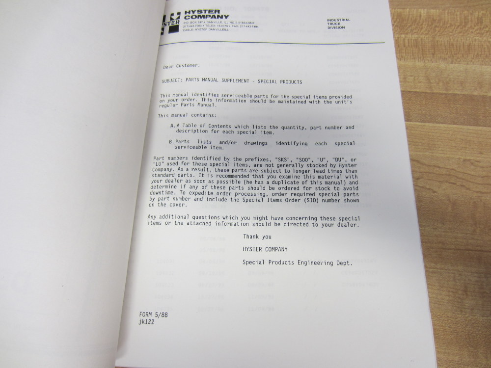 Hyster E100XL2S Special Products Parts Manual Dealer Copy Hy-E100XL2S