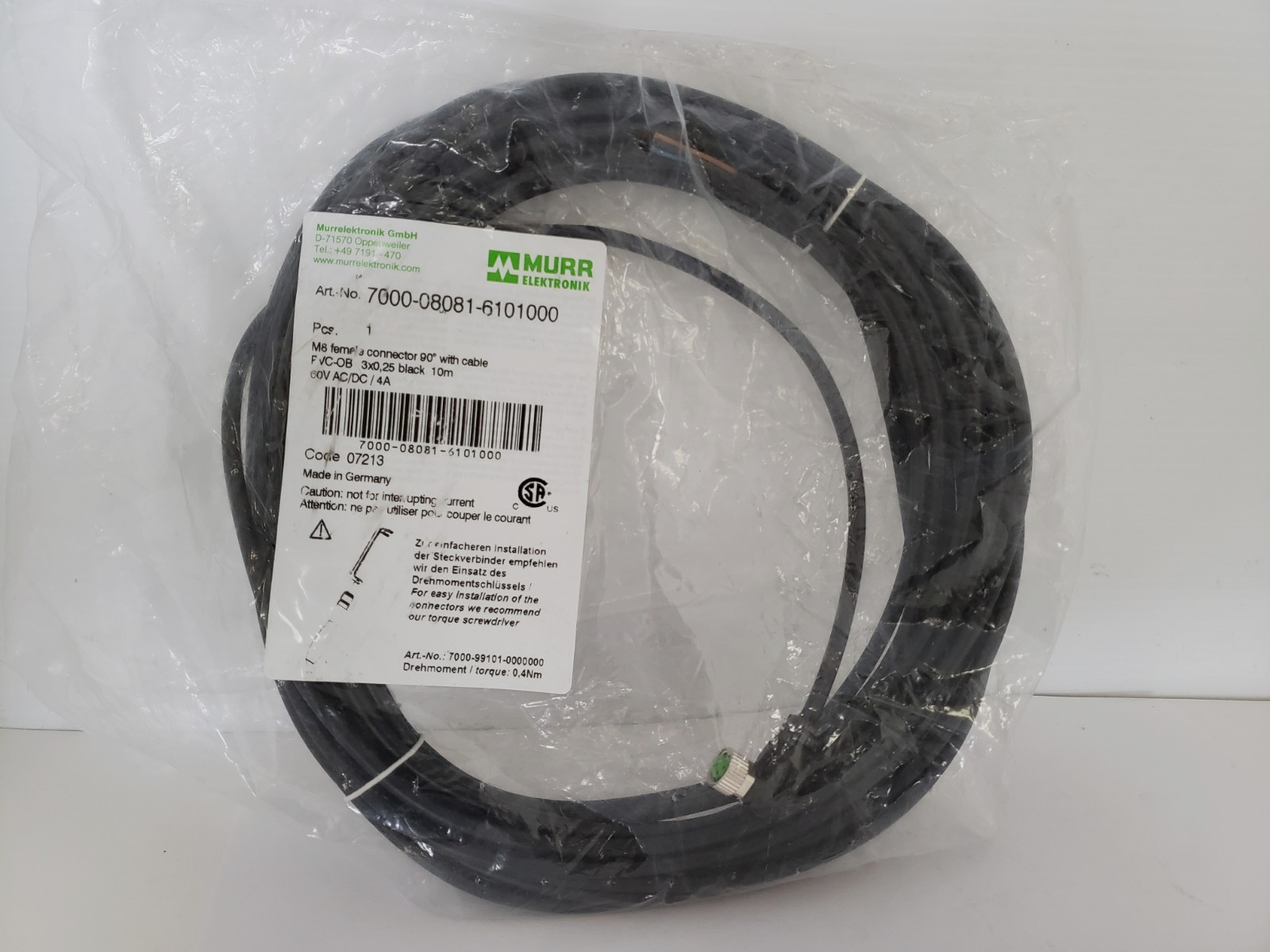MURR ELEKTRONIK 7000-08081-6101000 CABLE M8 60V AC/DC FEMALE CONNECTOR 90° NIB