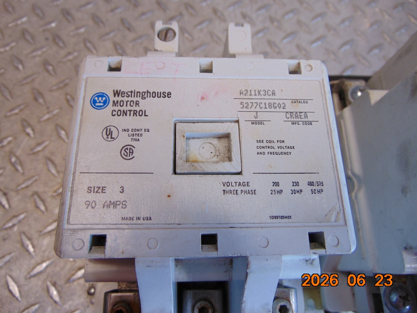 WESTINGHOUSE A211K3CA SIZE 3 90A REVERSING MOTOR CONTROL CONTACTOR