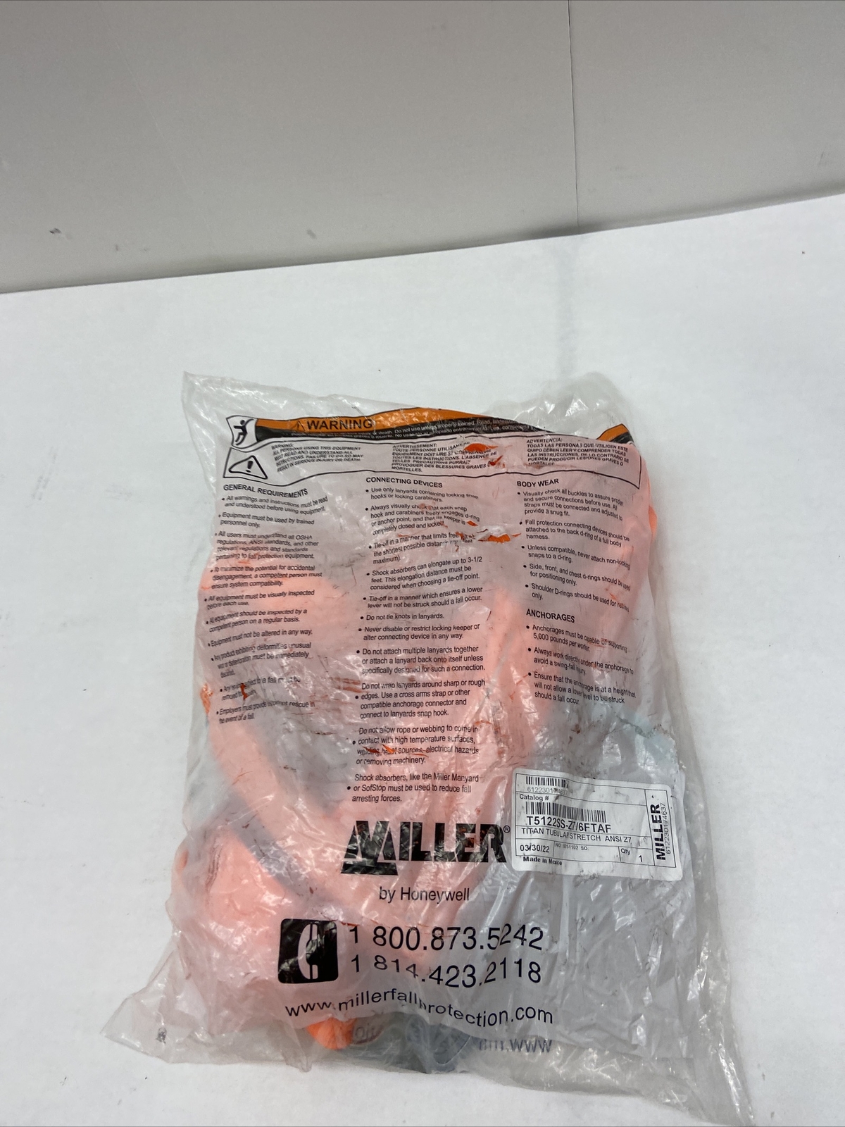 MILLER HONEYWELL T5122-Z7 6FTAF 6’ TUBULAR SHOCK-ABSORBING LANYARD, NEW