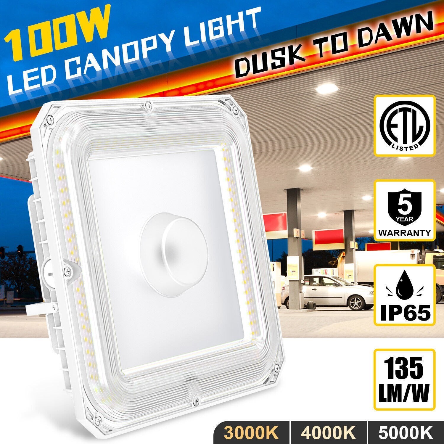 100W LED Canopy Gas Station Light 3000K/4000K/5000K Parking Garage Light 13500LM