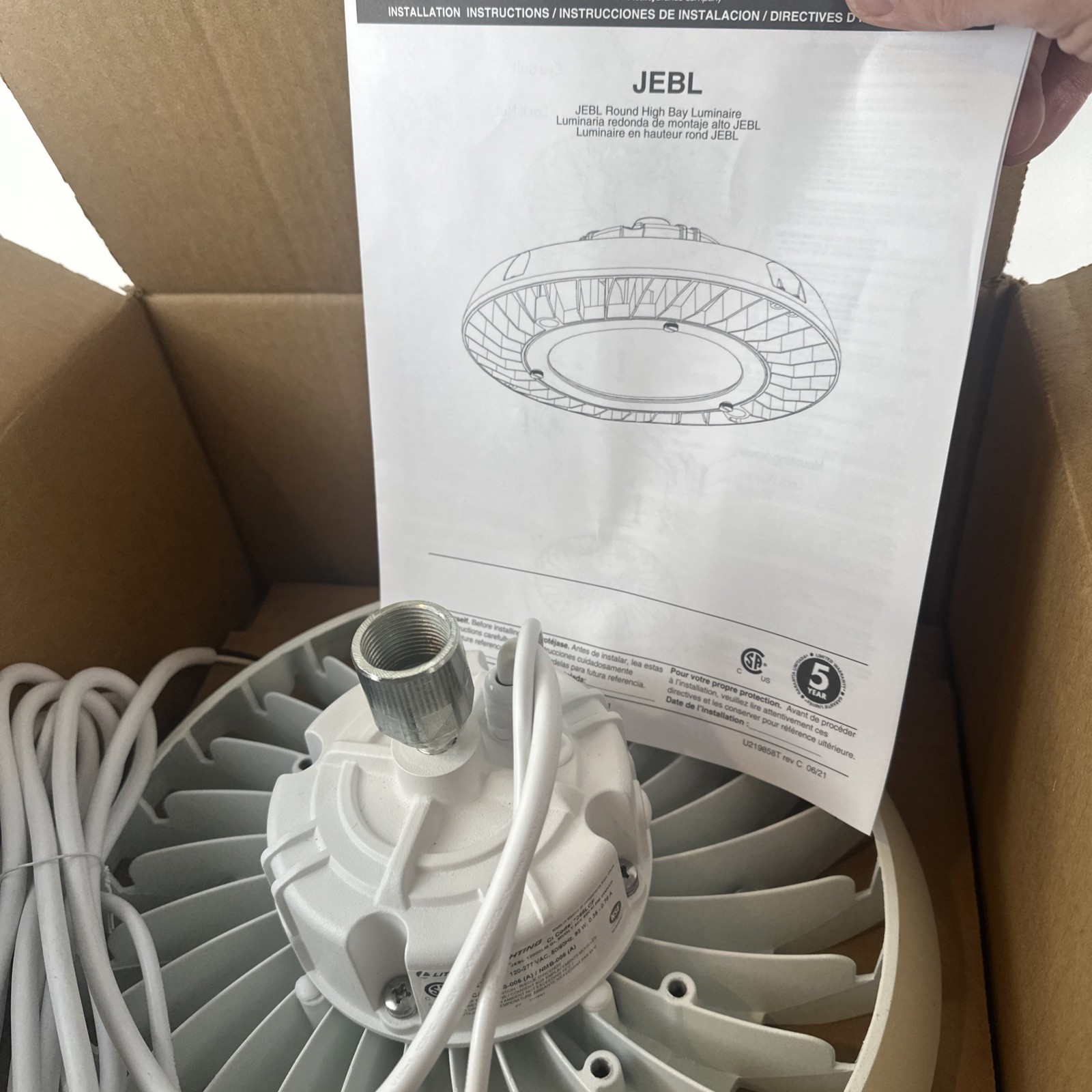 LITHONIA JEBL 12000LM GL HVOLT 40K 80CRI DWHXD ROUND HIGH BAY LED LIGHT 3/4” NPT
