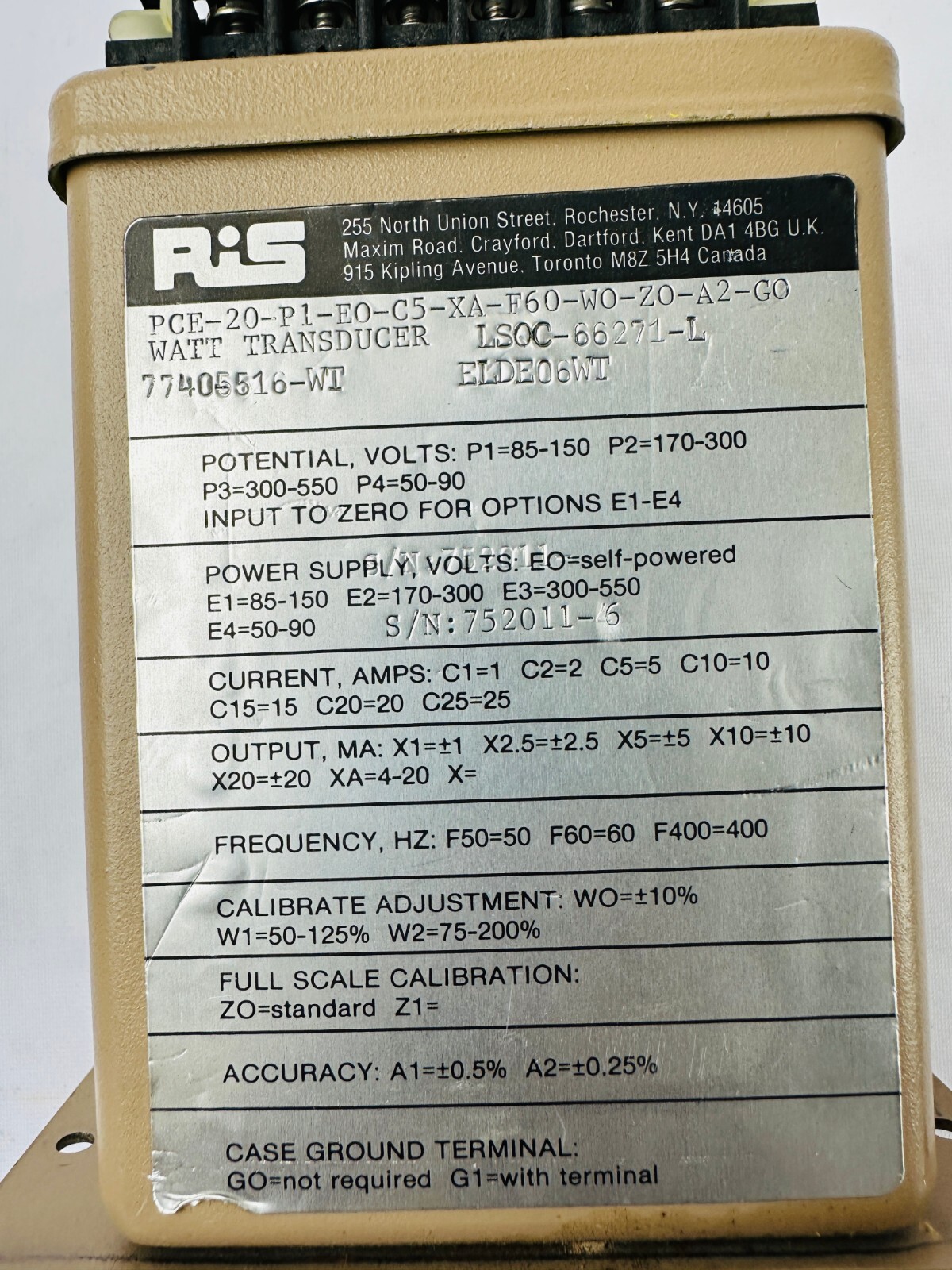 RIS PCE-20-P1-E0-C5-XA-F60-W0-Z0-A2-G0 Watt Transducer