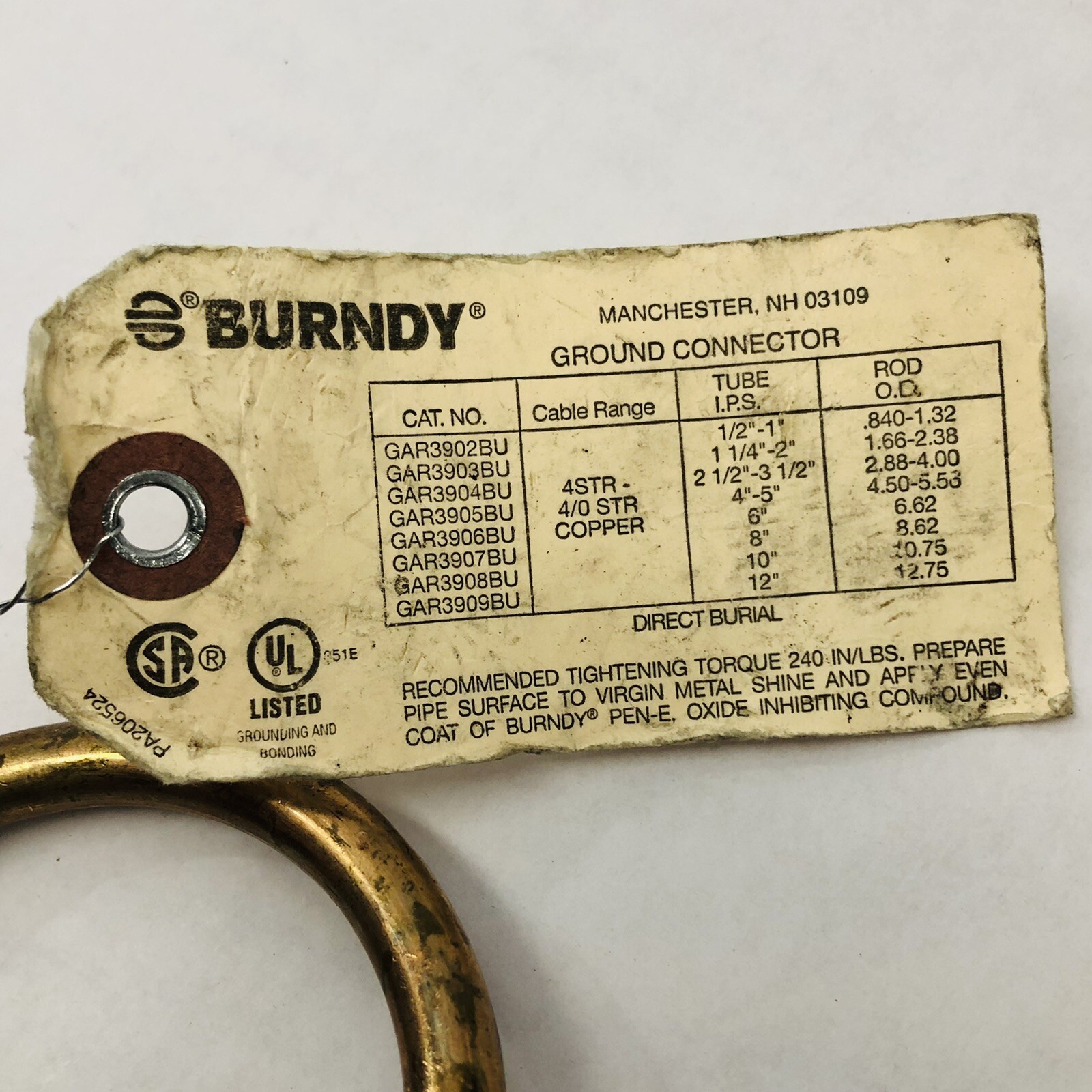 BURNDY #GAR3BU COPPER ALLOY GROUND WIRE CONNECTOR 4- 4/0 1 ¼- 1 ½-2