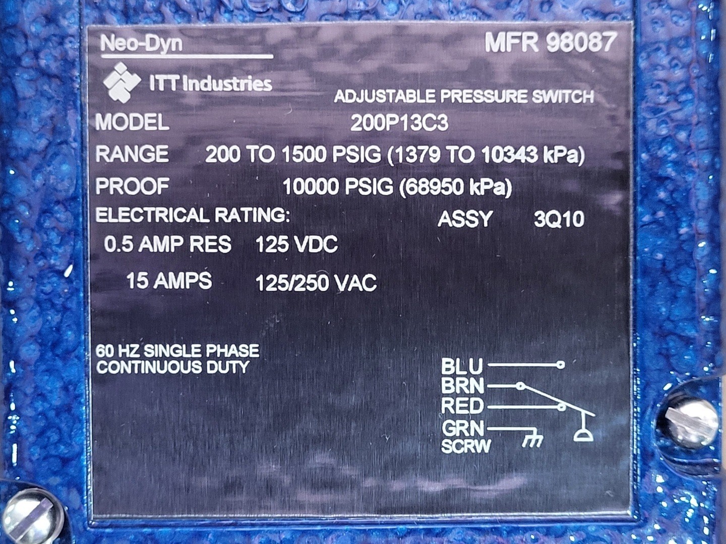 SURPLUS NEW ITT Industries 200P13C3 Adjustable Pressure Switch , 200-1500 psig