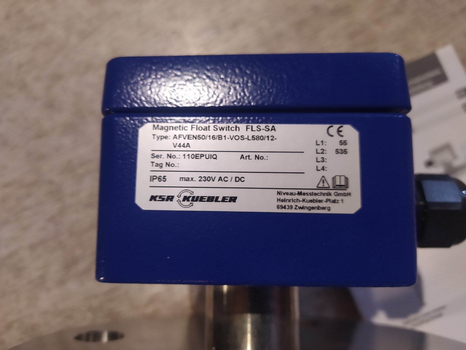KSR KUEBLER AFVEN50/16/B1-VOS-L580/12-V44A MEGNETIC FLOAT SWITCH FLS-SA [NEW]