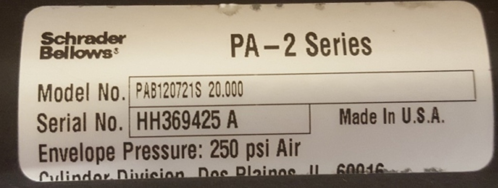 SCHRADER BELLOWS, PAB120721S 20.000, PA-2, 20″ STROKE, 2″ BORE, CYLINDER 250 PSI