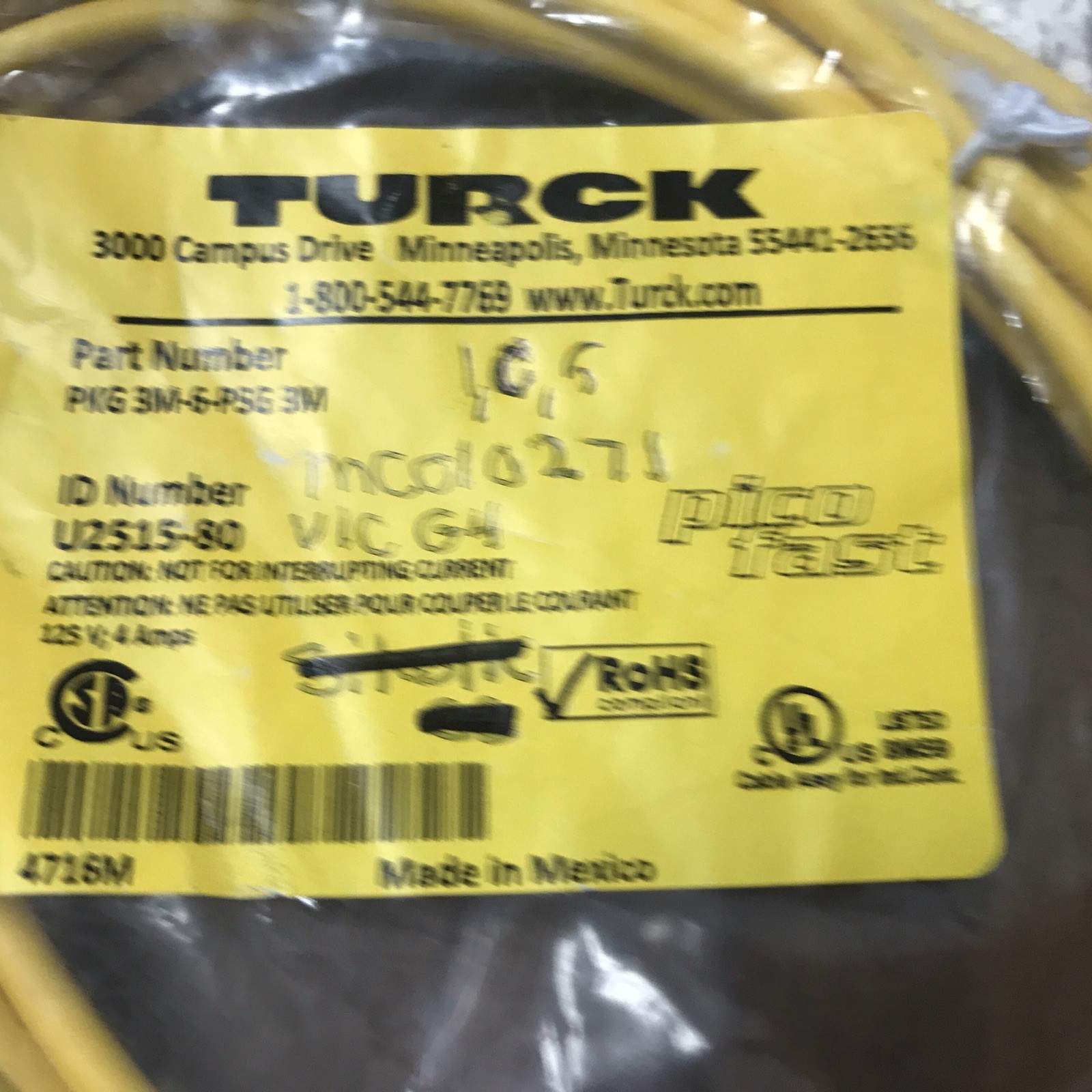 NEW TURCK PKG 3M-6-PSG 3M CORDSET U2515-80 PKG3M6PSG3M 125v 4 Amps