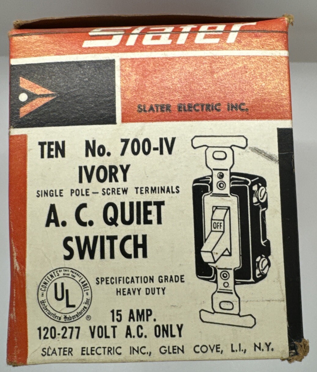 New Slater 700-IV Single Pole Wall Toggle Switch Heavy Duty 15A 120-277V NOS
