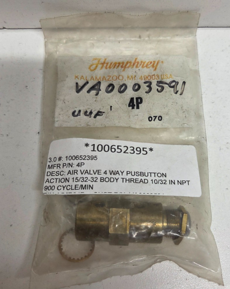 NEW IN BAG! HUMPHREY 4-WAY PUSH BUTTON AIR VALVE 4P
