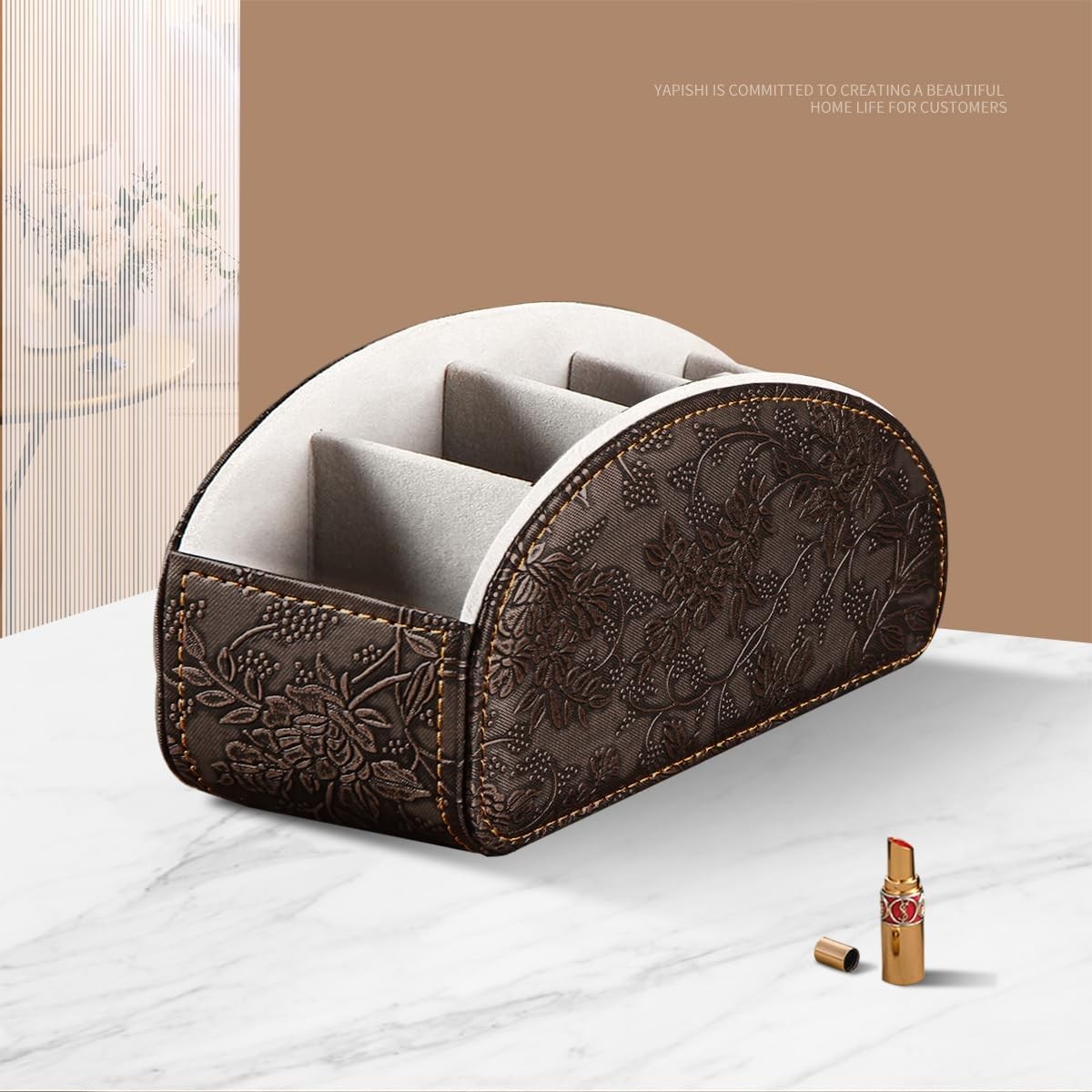 TV Remote Control Holder with 5 Compartments,Pu Leather Large, Antique Flower