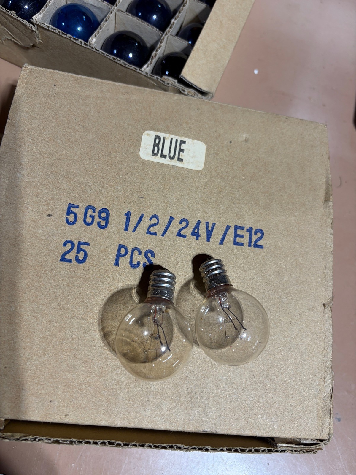 24v 5W E12 Base Light Bulbs 6 Boxes of 25 NOS Red Clear Blue