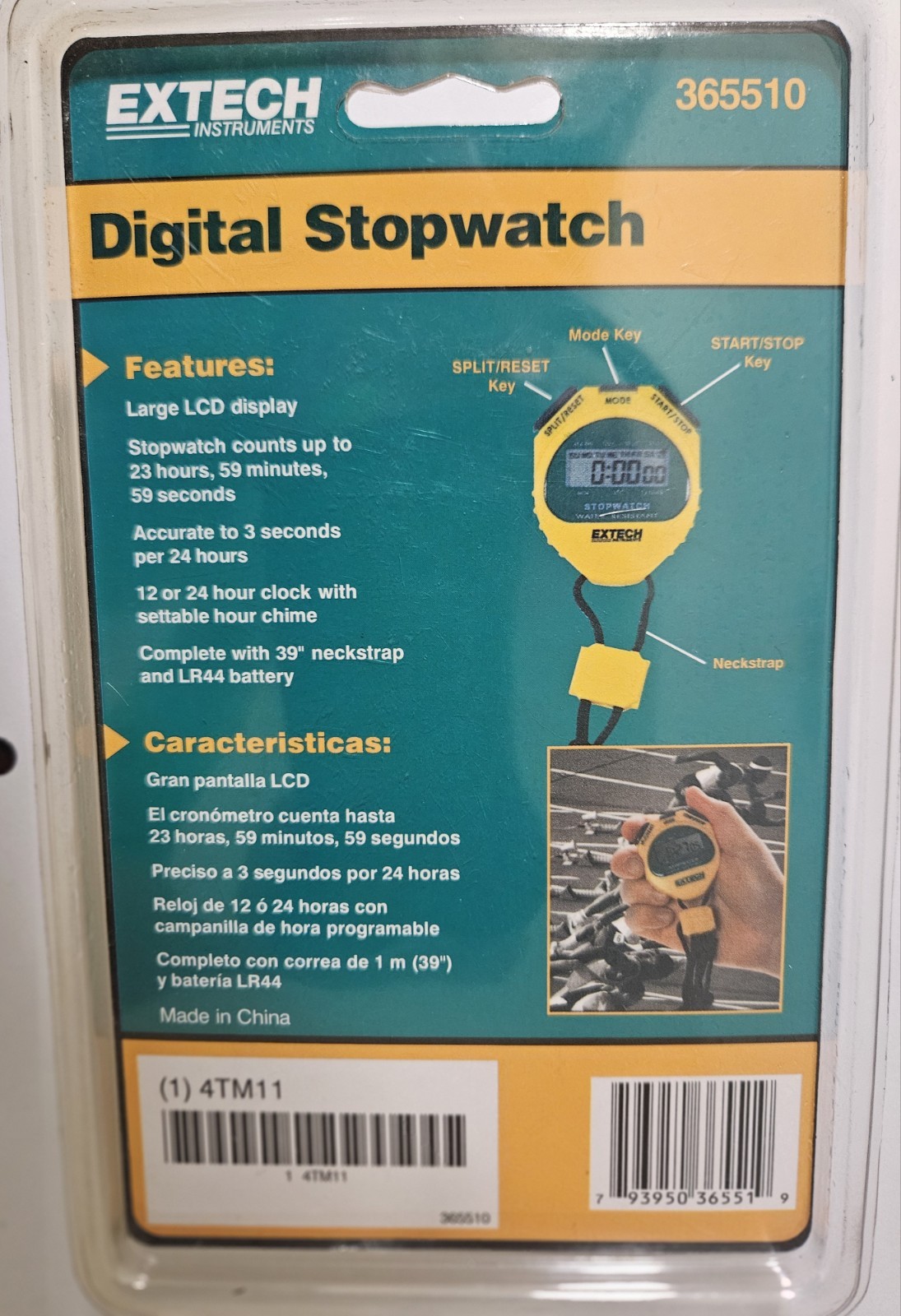 Extech 365510 Digital Stopwatch w/ Neckstrap-Water Resistant- Large LCD display
