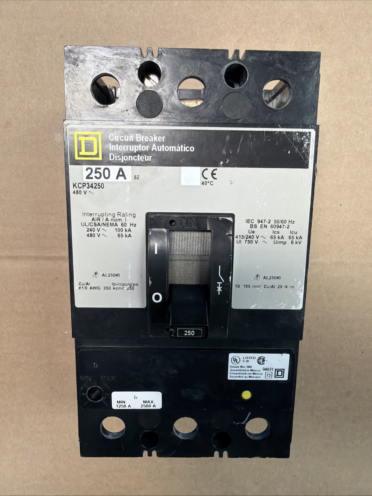 SQUARE D KCP34250 SER 2 THERMAL-MAGNETIC CIRCUIT BREAKER 250AMP 480v