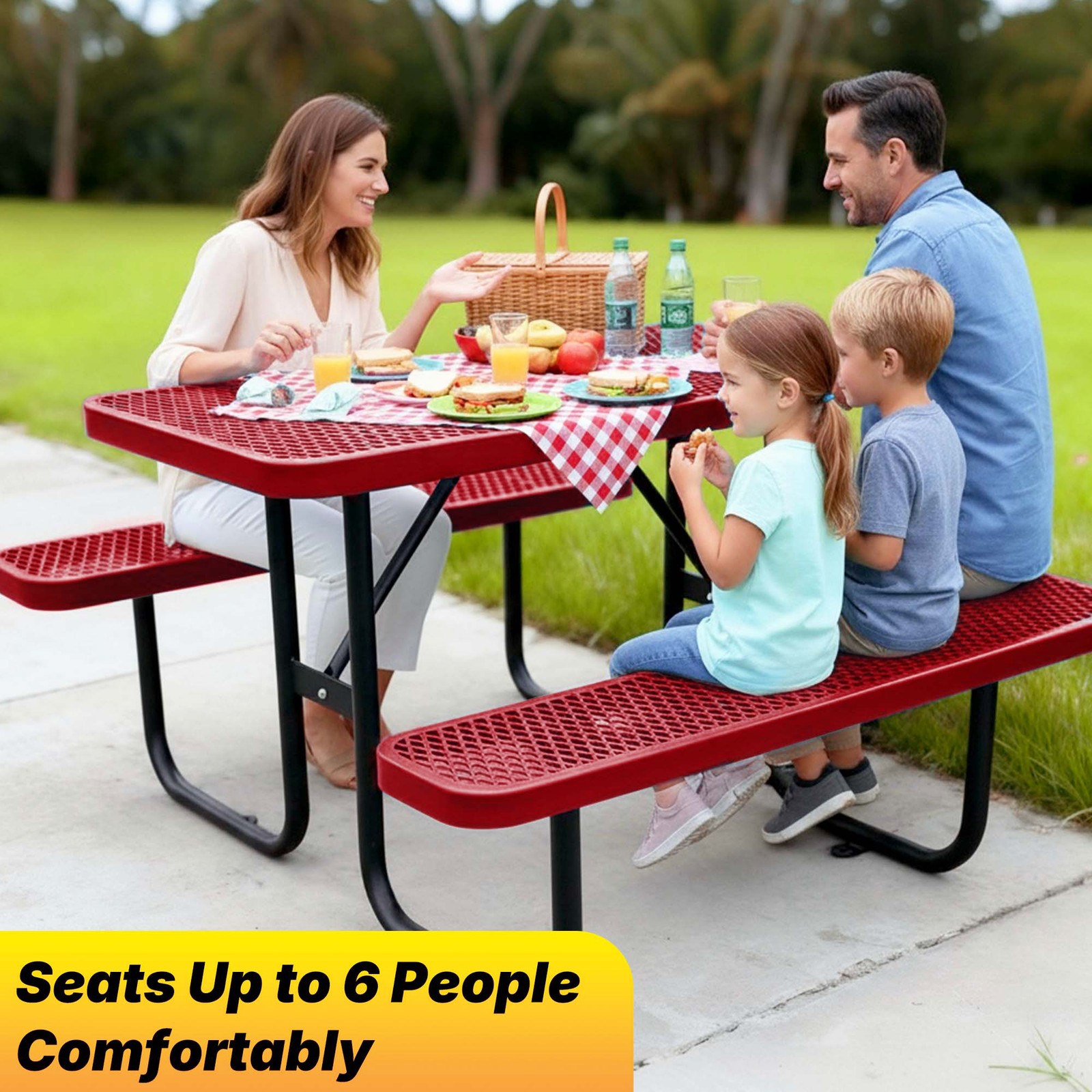 LAUCO Heavy Duty Rectangular Outdoor Picnic Table with Steel Frame Red, 72 inch
