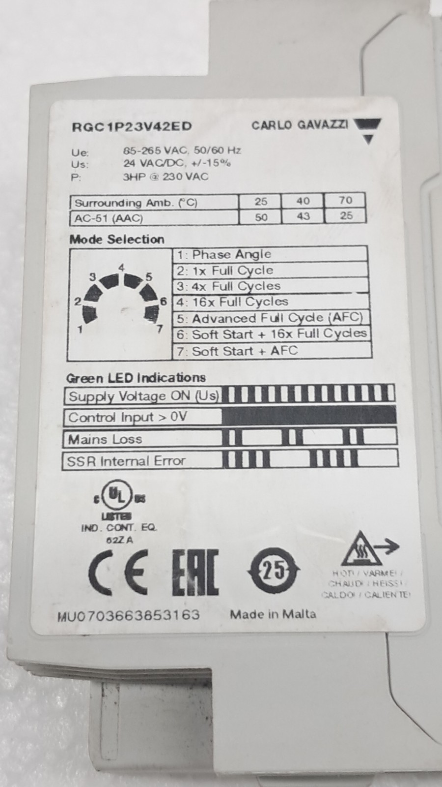 New Like Carlo Gavazzi RGC1P23V42ED Contactor Relay Solid State