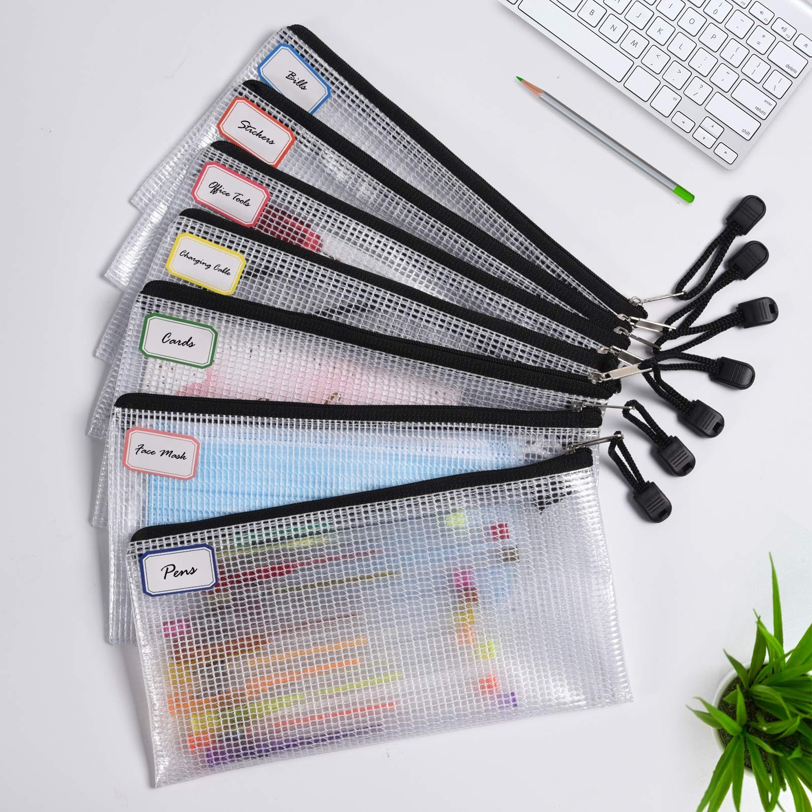 Plastic Mesh Zipper Pencil Pouches, 6PCS A6 (9.25×4.25 inch), Black