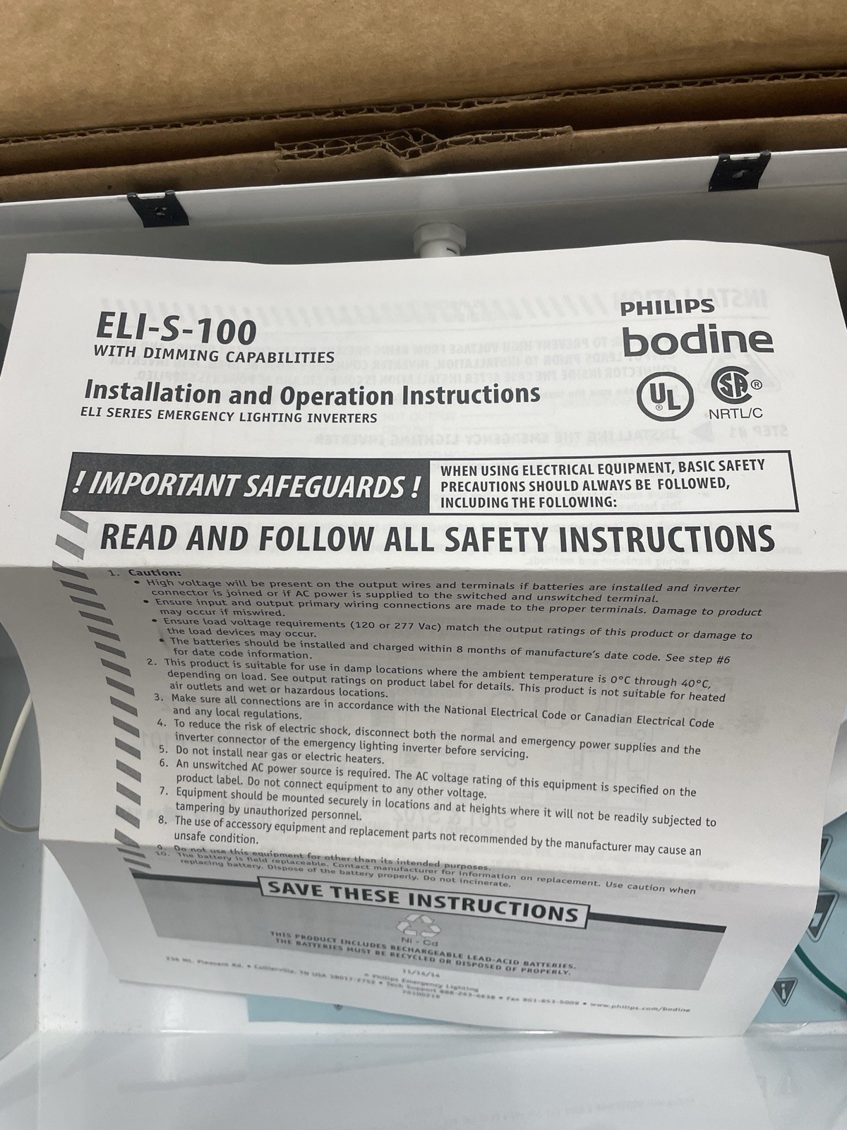 Phillips Bodine ELI-S-100-277V EM Lighting Inverter Open Box New w/ Battery