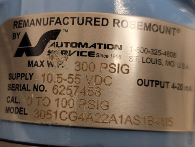 Rosemount 3051 Pressure Sensor Assembly w/ 1199 Transmitter 3051CG4A22A1AS1B4M5