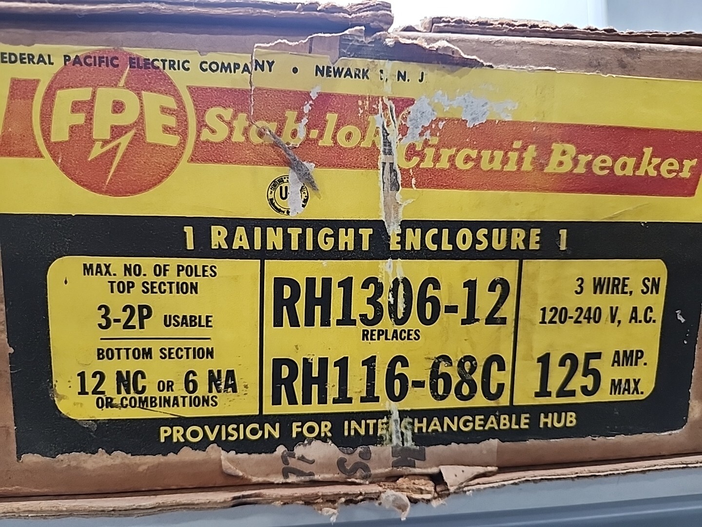 FPE 125A 120/240VAC SINGLE PHASE RAINTIGHT ENCLOSURE RH1306-12