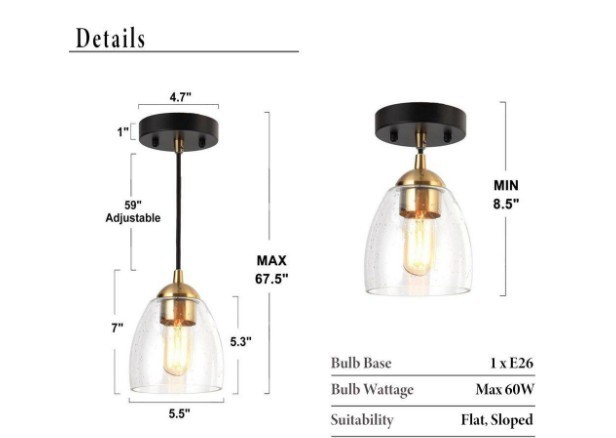 Zevni 1-Light Brass Gold Mini Pendant Light, Seeded Glass Black Pendant Hanging