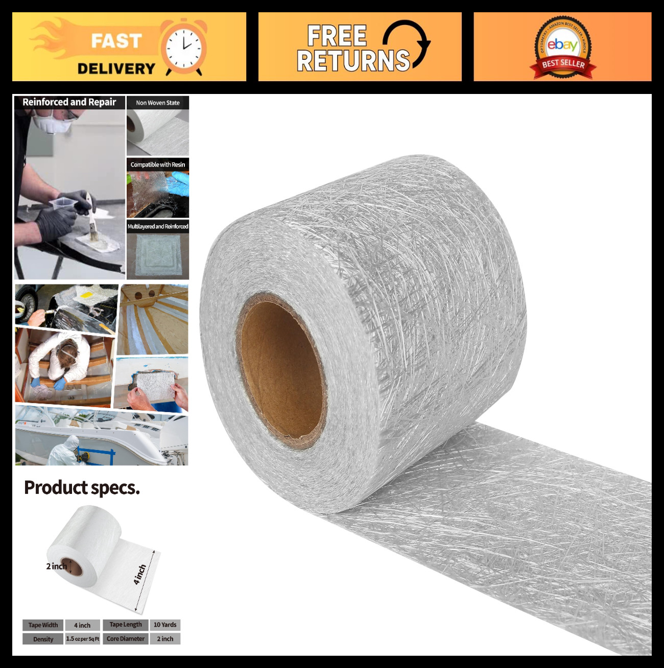 Fiberglass Mat Roll 4″ x 10 Yards, 1.5 oz Chopped Strand for Repair & Reinforcem